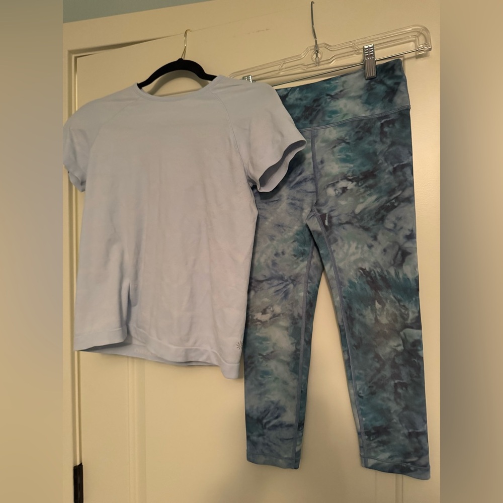 Athleta Girl L Tie-Dye Capri Leggings and light blue dri-fit Set